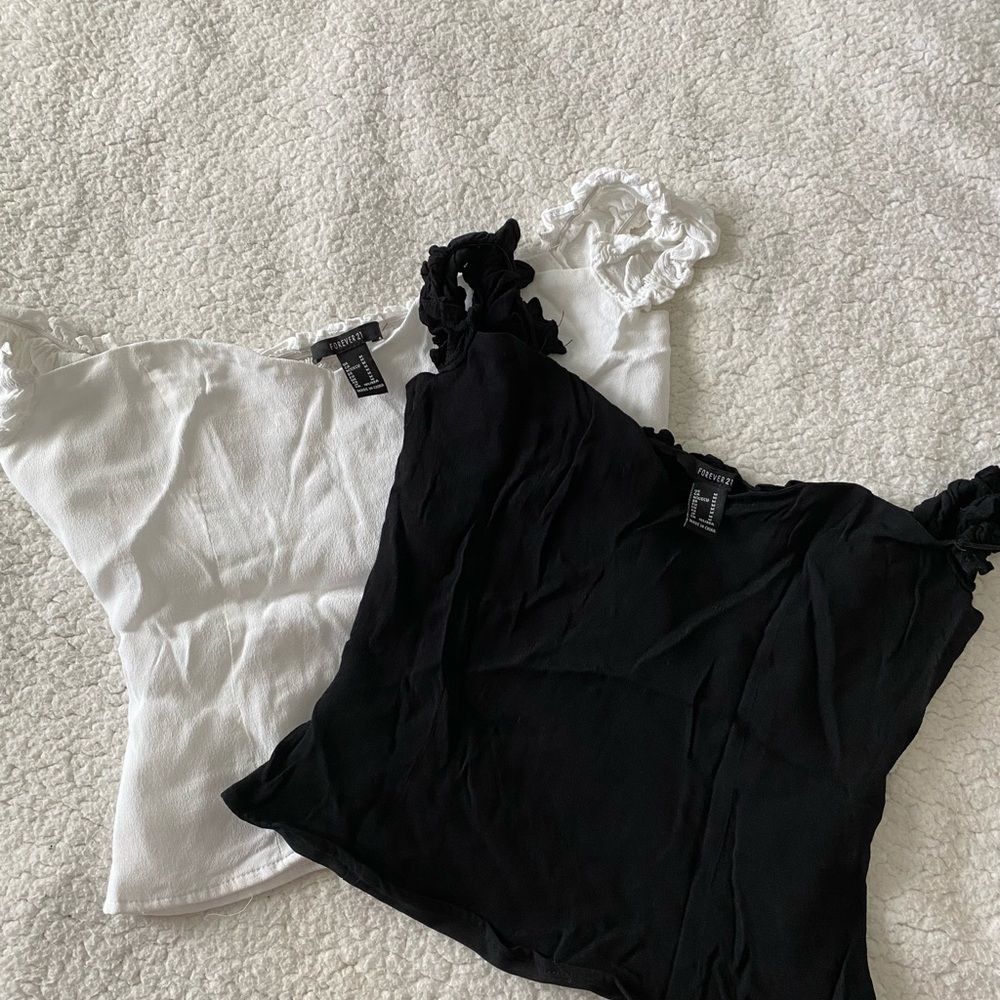 White and Black Ruffled Strap Tops